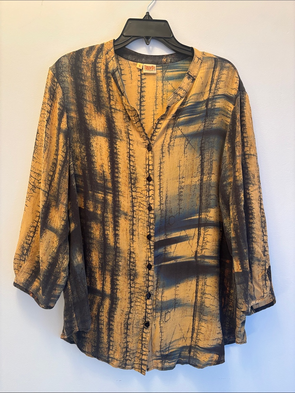 Tianello | 💯 Silk Angel Yellow & Black Button-Front Blouse Sz L